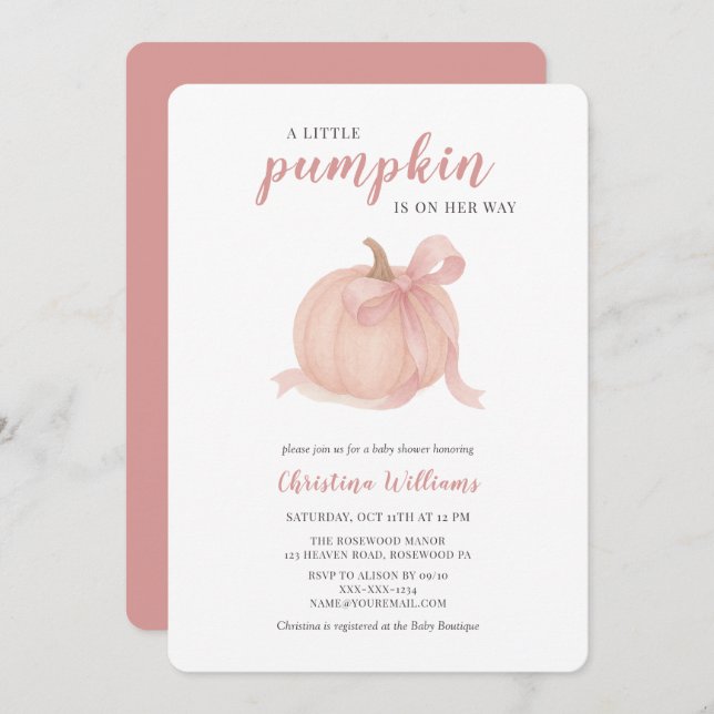 Convite Pequena abóbora no caminho do Chá de fraldas rosa (Frente/Verso)