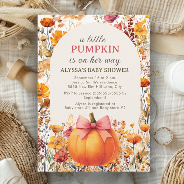 Convite Pequena abóbora no Chá de fraldas de outono do Way ("Little Pumpkin" watercolor floral baby girl baby shower invitation)