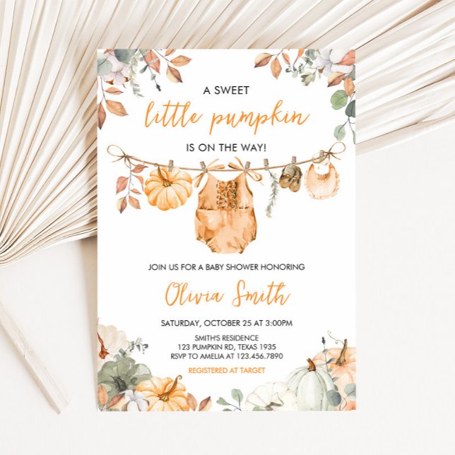 Convite Pequena Abóbora Outono Outono Chuvinha de Bebê  (Little Pumpkin Fall Clothesline Baby Shower Invitation)