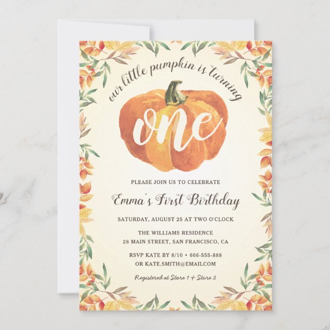 Convite Pequena Abóbora outono Primeira Festa de aniversár (Frente)