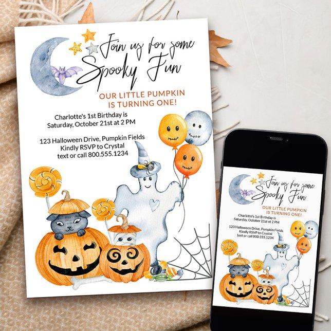Convite Pequena Abóbora Transformando Um primeiro aniversa (Cute spooky fun 1st birthday invitation for little pumpkin turning one!)