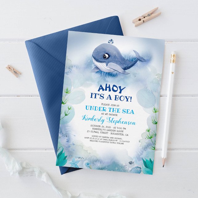 Convite Pequena Baleia Náutica Sob o Chá de fraldas do Mar (Ahoy It's A Boy Cute Little Whale Navy Blue Nautical Baby Shower Invitations)