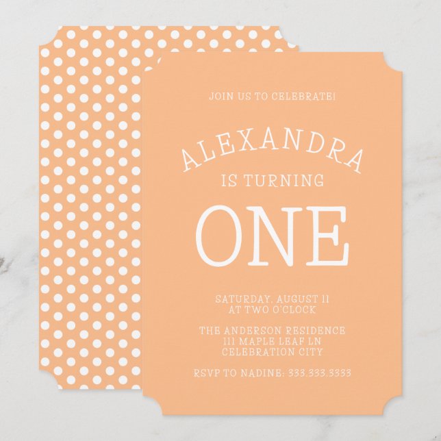 Convite Pequena Bolinhas Laranja Moderna Primeiro Aniversá (Frente/Verso)