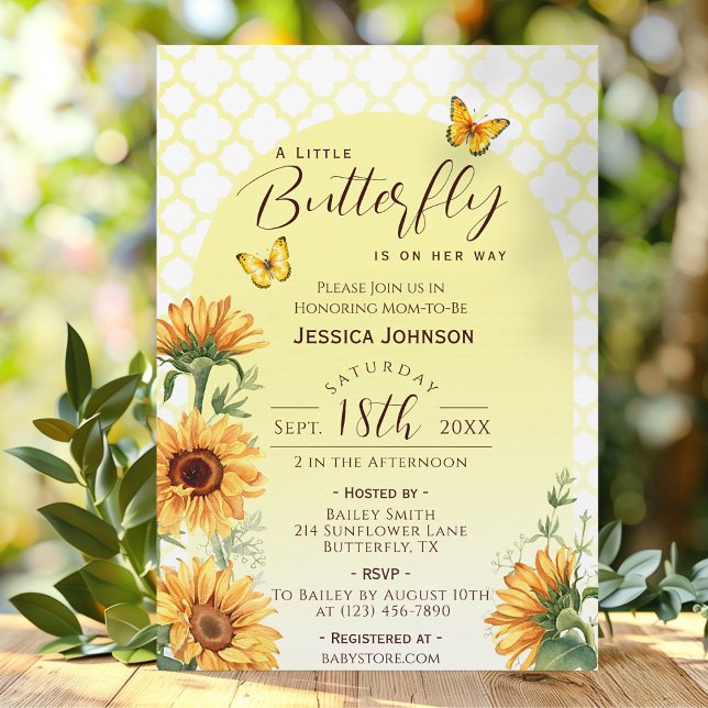 Convite Pequena Borboleta Amarela Chá Girassol (Sunflower Yellow A Little Butterfly Baby Shower Invitation)