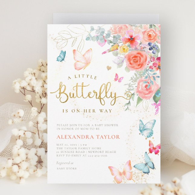 Convite Pequena Borboleta Brilhante Chá de Bebê Floral (little butterfly baby shower invitation bright colorful garden peach pink orange teal blue gold)