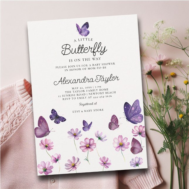 Convite Pequena borboleta Chá de Bebê Rosa Púrpura Selvage (little butterfly baby girl shower invitation cottage garden watercolor purple wildflowers adorable)