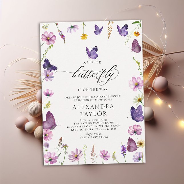 Convite Pequena borboleta Chá de Bebê Rosa Púrpura Selvage (little butterfly baby girl shower invitation purple pink garden watercolor spring summer cottage)