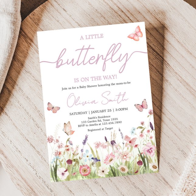 Convite Pequena Borboleta Chá de fraldas de flor selvagem (Wildflower Little Butterfly Baby Shower Invitation)
