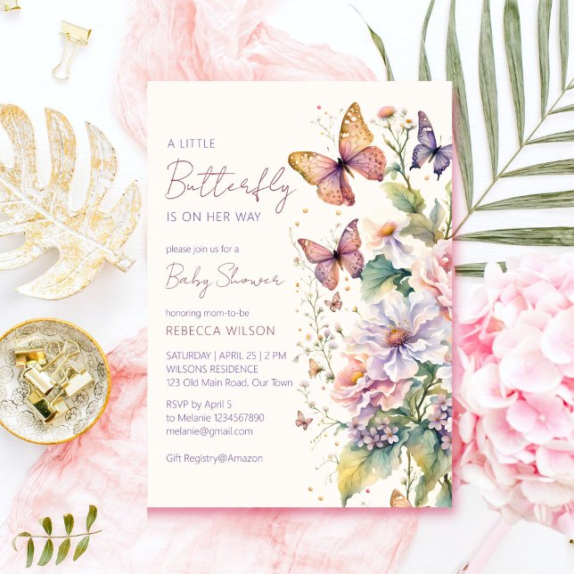 Convite Pequena borboleta encantada chá de fraldas de jard (Little butterfly enchanted vintage garden baby shower editable template invitation digital download)