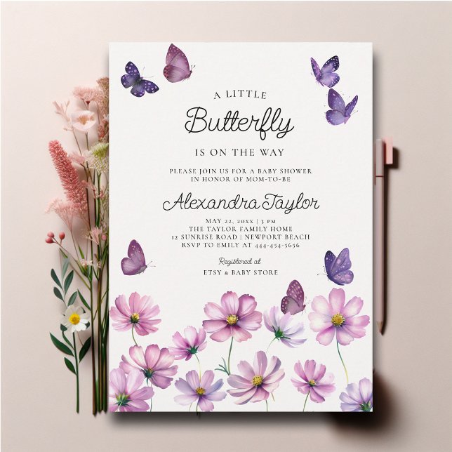 Convite Pequena Borboleta Flor Rosa Rosa Chá (little butterfly baby girl shower invitation cottage garden watercolor purple wildflowers cute sweet)