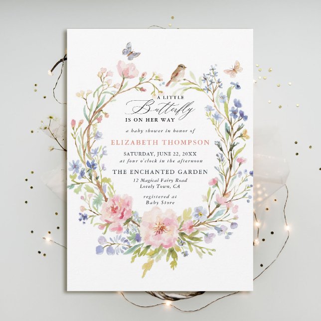 Convite Pequena Borboleta Flores Selvagens Chá de fraldas (little butterfly baby shower invitation enchanted garden woodland forest bird spring summer elegant)