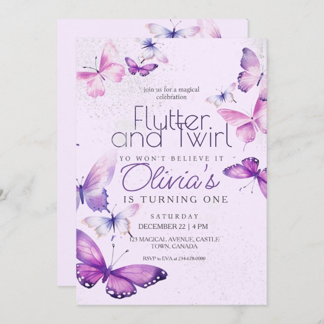 Convite Pequena Borboleta Meninas primeiro aniversario Rox (Frente/Verso)