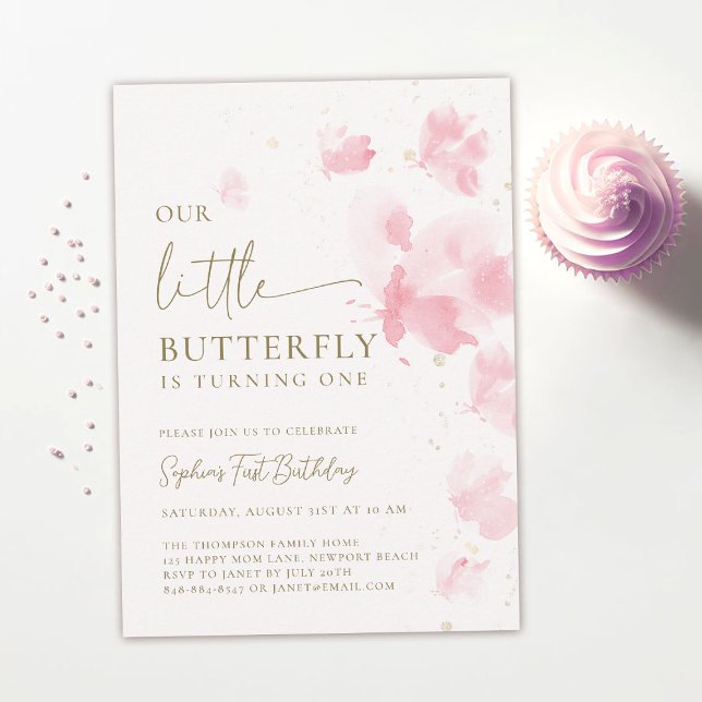 Convite Pequena Borboleta primeiro aniversario de Carga po (our little butterfly 1st birthday invitation girls pink blush watercolor garden tea party elegant)