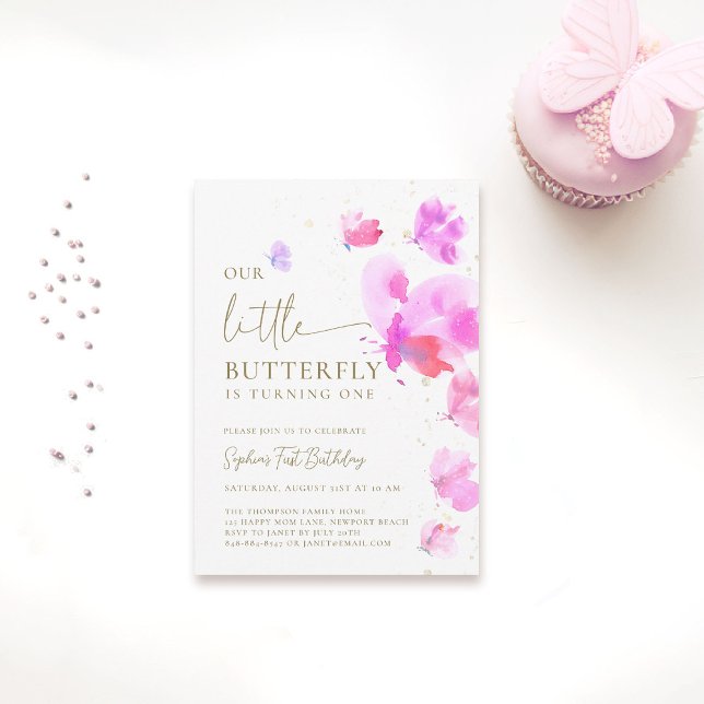 Convite Pequena Borboleta Rosa primeiro aniversario Púrpur (our little butterfly 1st birthday invitation girls pink purple watercolor garden tea party elegant)