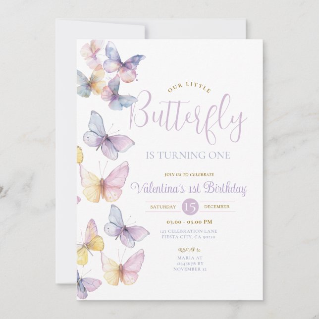 Convite Pequena Borboleta Transparente Roxa está virando u (Frente)