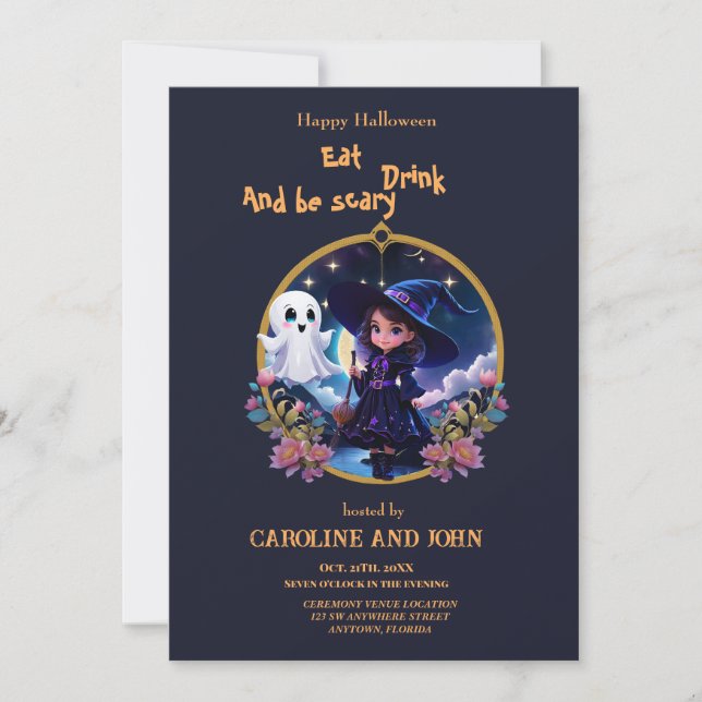 Convite Pequena bruxa com olhos grandes e brilhantes. (Frente)