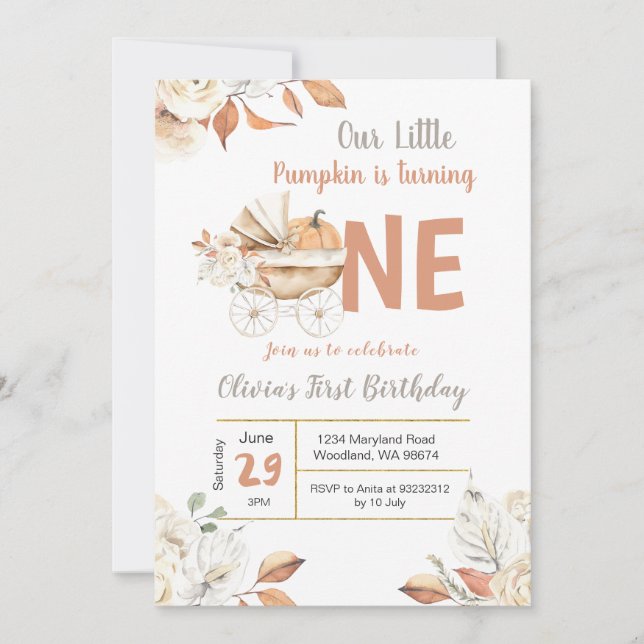 Convite Pequena Carruagem De Abóbora Cai Um Aniversário Vi (Frente)
