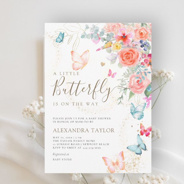 Convite Pequena Chá de Bebê do Jardim Brilhante (little butterfly baby shower invitation bright colorful garden peach orange teal blue watercolor)