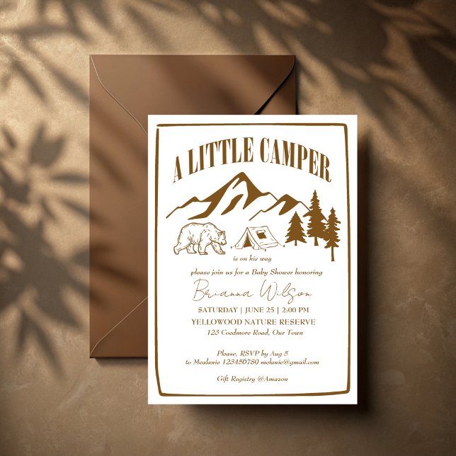 Convite Pequena chá de fraldas da aventura da câmara (Little camper national parks adventure boho baby shower invitation templates modern boho terracotta)