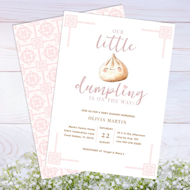 Convite Pequena Chá de fraldas de Aquarela Rosa Rosa I (Adorable Dumpling Baby Shower Invitation - PINK)