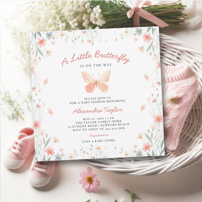 Convite Pequena Chá de fraldas de Coral de Coral-Teal (little butterfly baby girl shower invitation cottage garden watercolor coral pink wildflowers boho)
