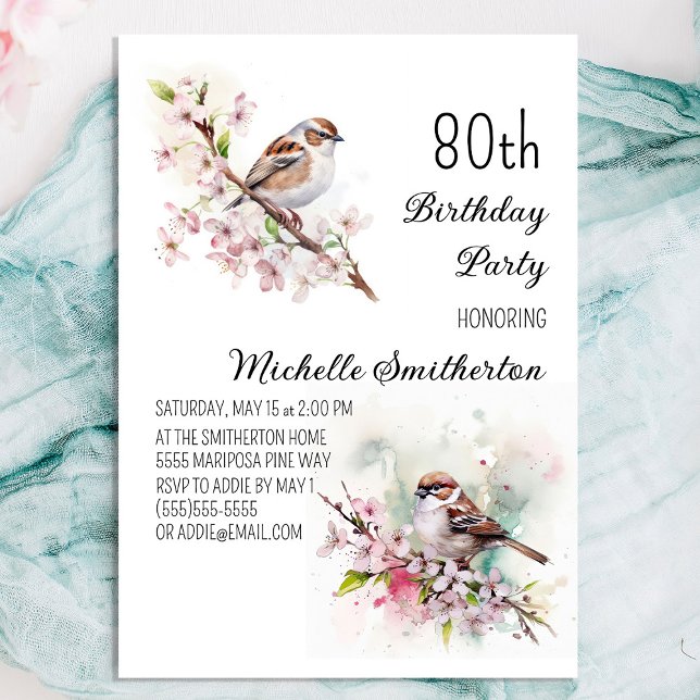 Convite Pequena Cherry Blossomo Primavera 80 de Aniversári (Pretty sparrow 80th birthday party invitation for women)