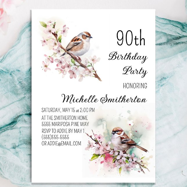 Convite Pequena Cherry Blossomo Primavera 90 de Aniversári (Pretty sparrow 90th birthday party invitation for women)