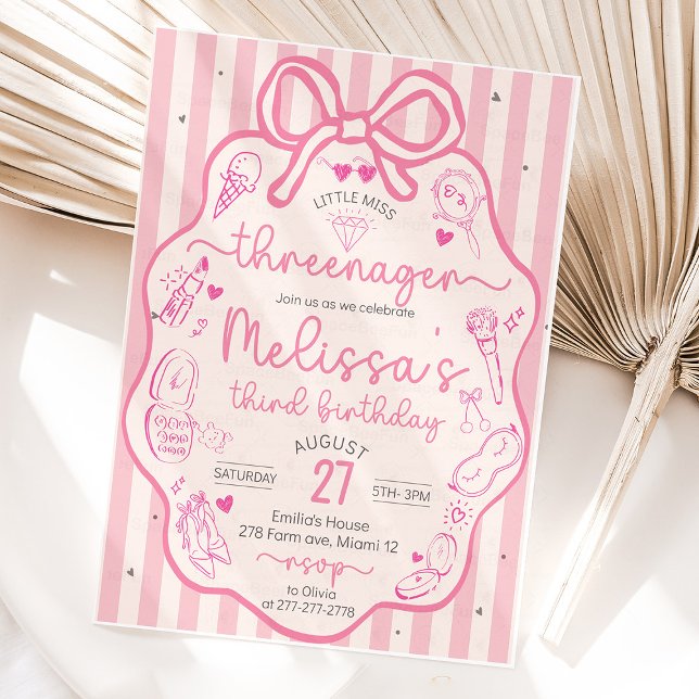 Convite Pequena Coquete de Laço Miss Threenager (Little Miss,Threenager, invitation, Pink Coquette,Hand Drawn invite, Bow invites,Fashion & Makeup,Gi)