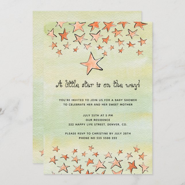 Convite Pequena estrela com aquarela no caminho do chá de  (Frente/Verso)