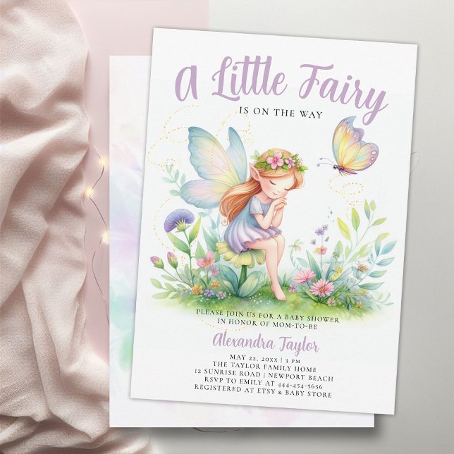 Convite Pequena Fada Encantada Bebê-Bebê Encantada (a little fairy girl baby shower invitation enchanted forest garden magical butterfly purple pink)
