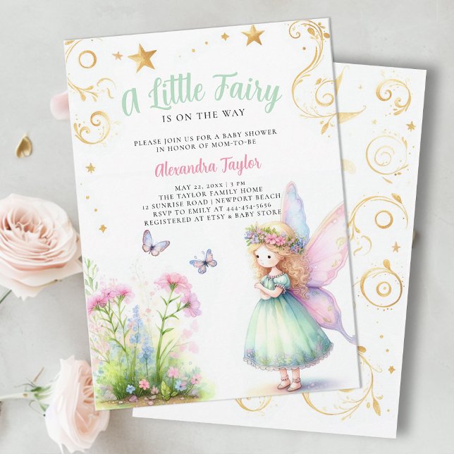 Convite Pequena Fada Encantada Garden Baby Chá (a little fairy girl baby shower invitation enchanted forest garden magical butterfly gold sparkle)
