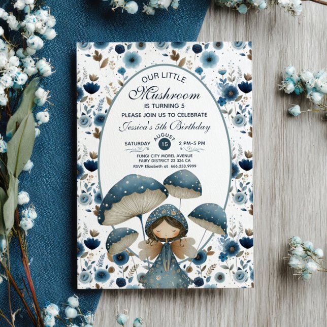 Convite Pequena Festa de aniversário Azul Fada de Cogumelo (Criador carregado)