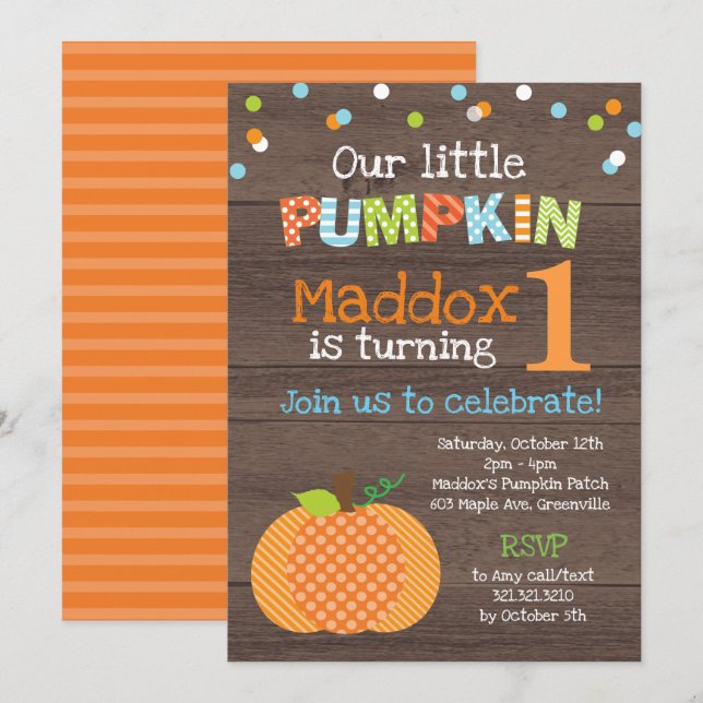 Convite Pequena Festa de aniversário de abóbora (Frente/Verso)