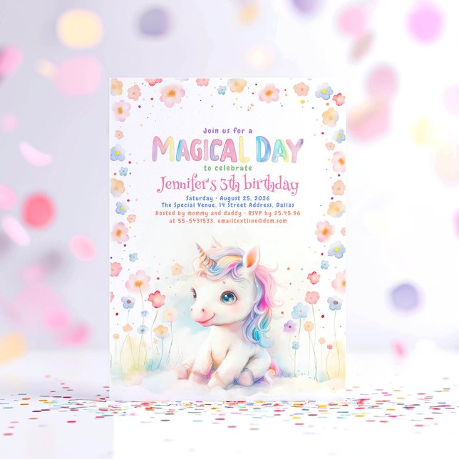 Convite Pequena Festa de aniversário de Diversão Floral do (Little Unicorn Birthday Invitation)