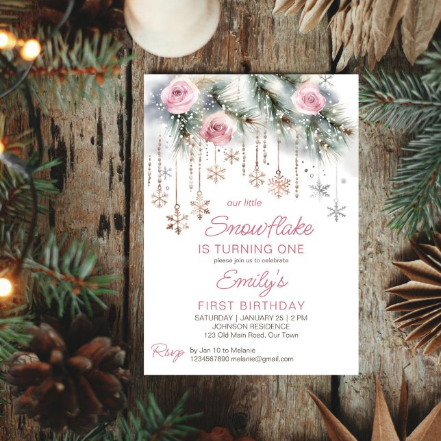 Convite Pequena festa de aniversário de inverno com floco  (Little snowflake winter wonderland birthday party editable template invitation digital download)