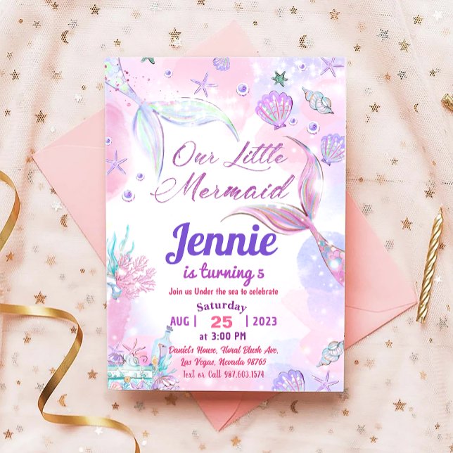 Convite Pequena Festa de aniversário De Sereia Sob A Festa (Criador carregado)