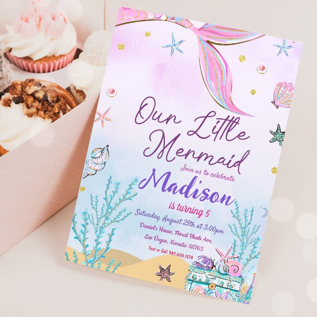 Convite Pequena Festa de aniversário De Sereia Sob A Festa (Criador carregado)