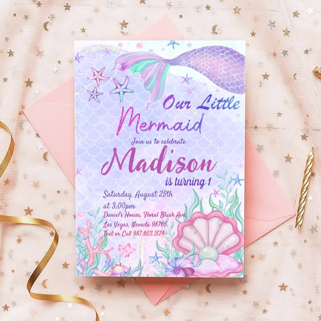 Convite Pequena Festa de aniversário De Sereia Sob A Festa (Criador carregado)