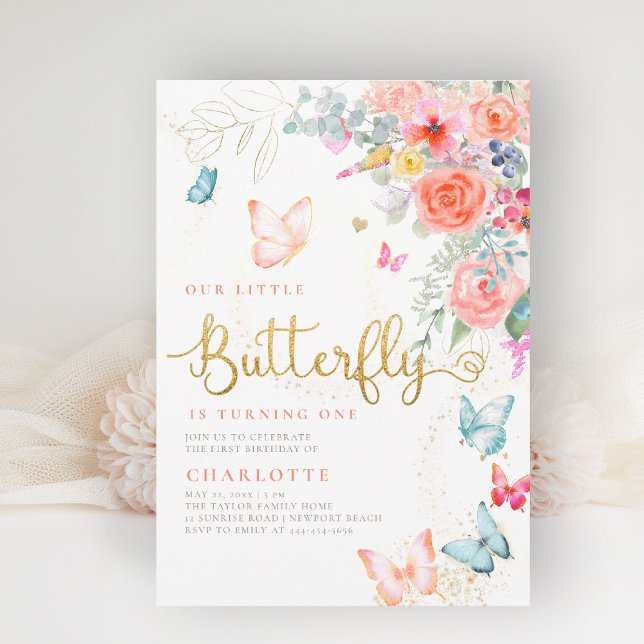 Convite Pequena Festa de aniversário do Jardim Brilhante (our little butterfly girls birthday party invite pink garden floral  butterflies watercolor elegant)