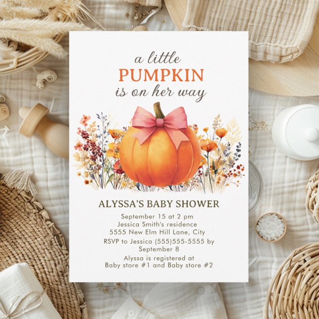 Convite Pequena Floral Boho de Outono da Menina Chamada de (Cute little girl baby shower "A little pumpkin is on her way" invitation)