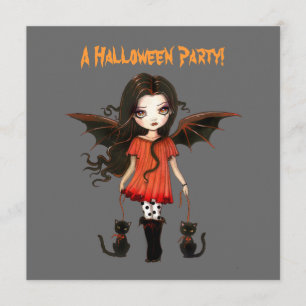 Convite Pequena Garota Morcego Vampira Gótica Gatos Hallow