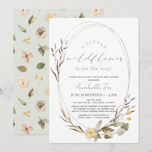 Convite Pequena Garota Oval de Flor Selvagem, Dirija por C (Frente/Verso)