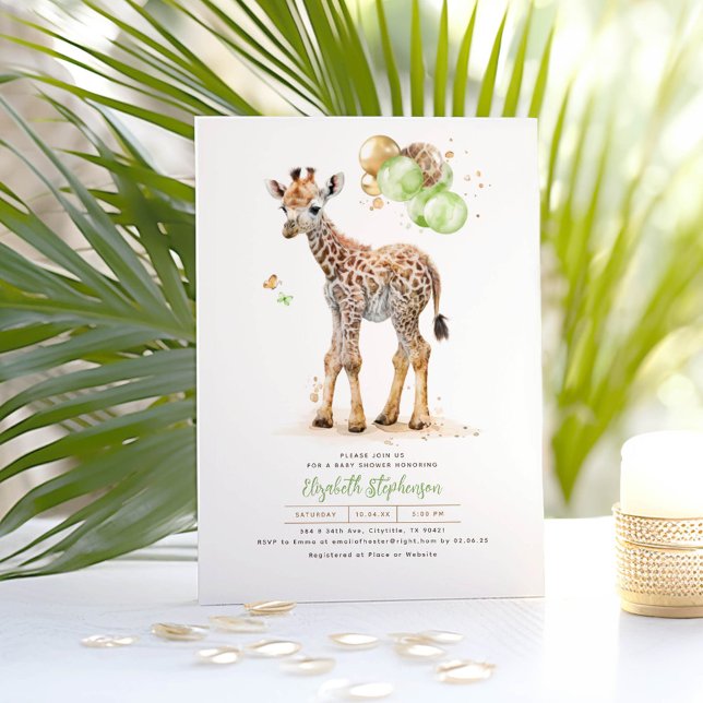 Convite Pequena Girafa Gênero Chá de fraldas de Boho Neutr (Giraffe and Green Balloons Baby Shower Invitations)