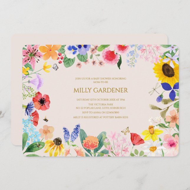 Convite Pequena mãe de flor silvestre para o Chá de fralda (Frente/Verso)