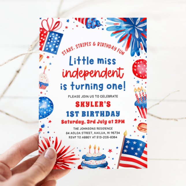 Convite Pequena Miss Independente 4 de julho primeiro aniv (Watercolor Fireworks Patriotic Little Miss Independent 4th of July Girl 1st Birthday Invitation)