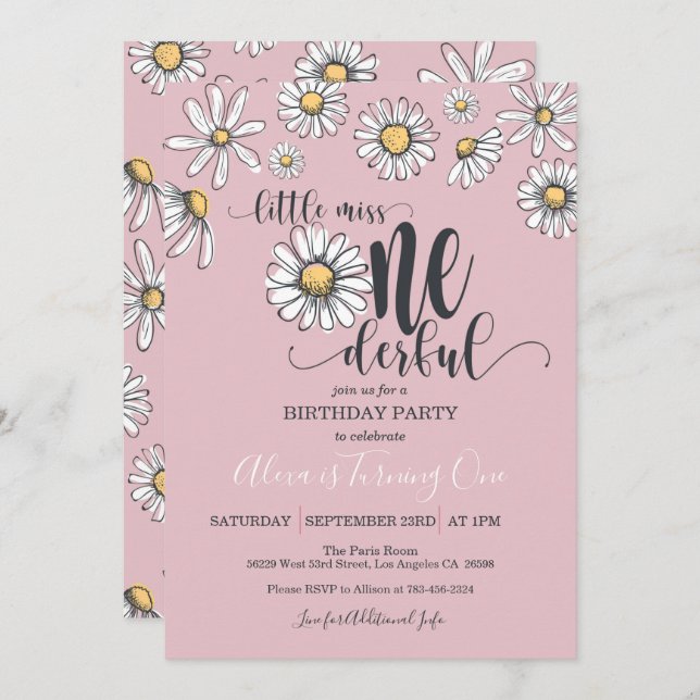 Convite Pequena Miss OneMaravilhosa Daisy Birthday Invitat (Frente/Verso)
