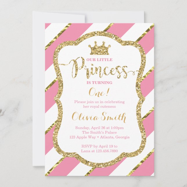 Convite Pequena Princesa Aniversário a Rosa e Dourado (Frente)