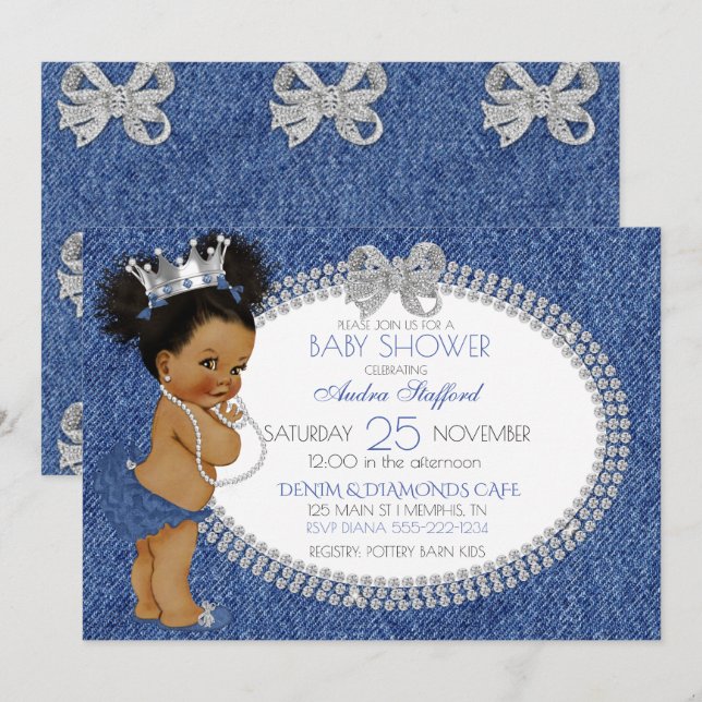 Convite Pequena Princesa Bebê Menina Denim & Diamantes Arc (Frente/Verso)