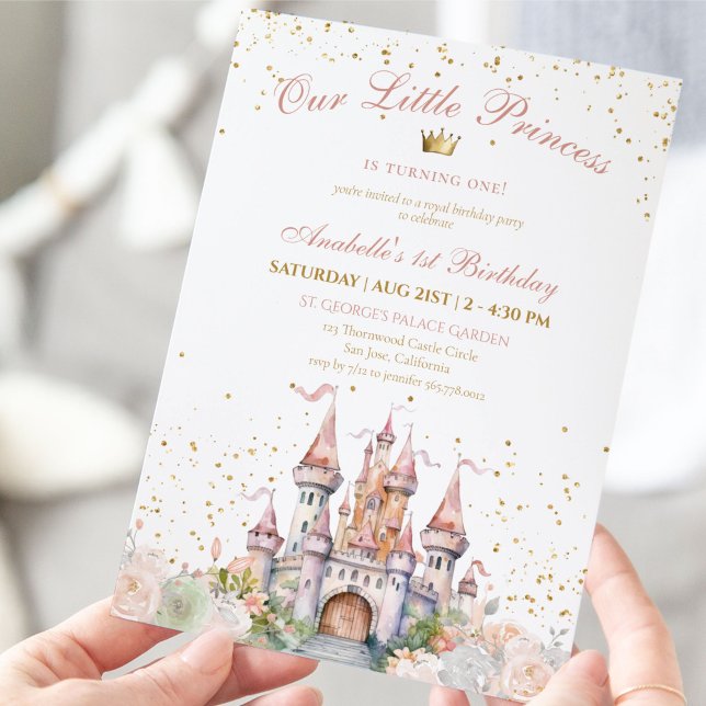 Convite Pequena Princesa Blush Dourado primeiro aniversari (Little Princess Blush Gold Crown 1st Birthday Invitation)