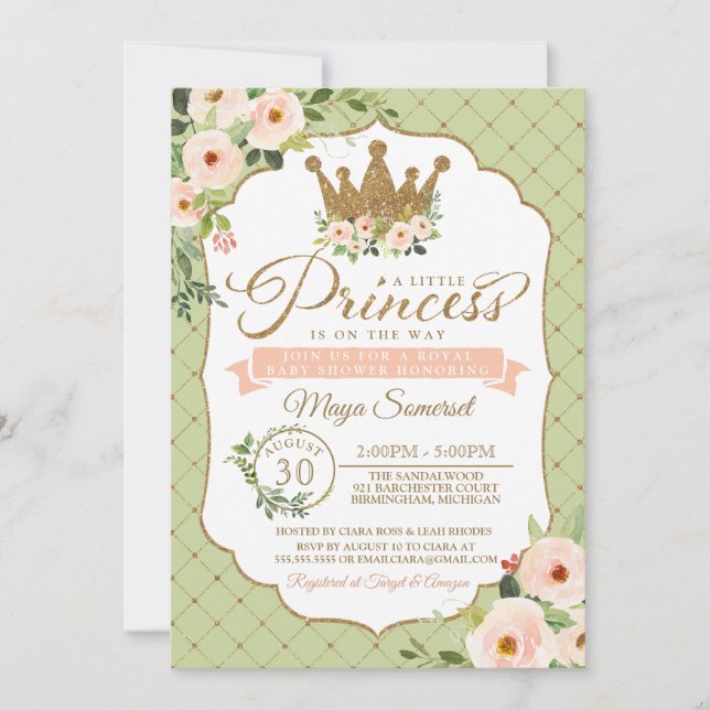 Convite Pequena Princesa Blush Mint Dourado Chá de fraldas (Frente)